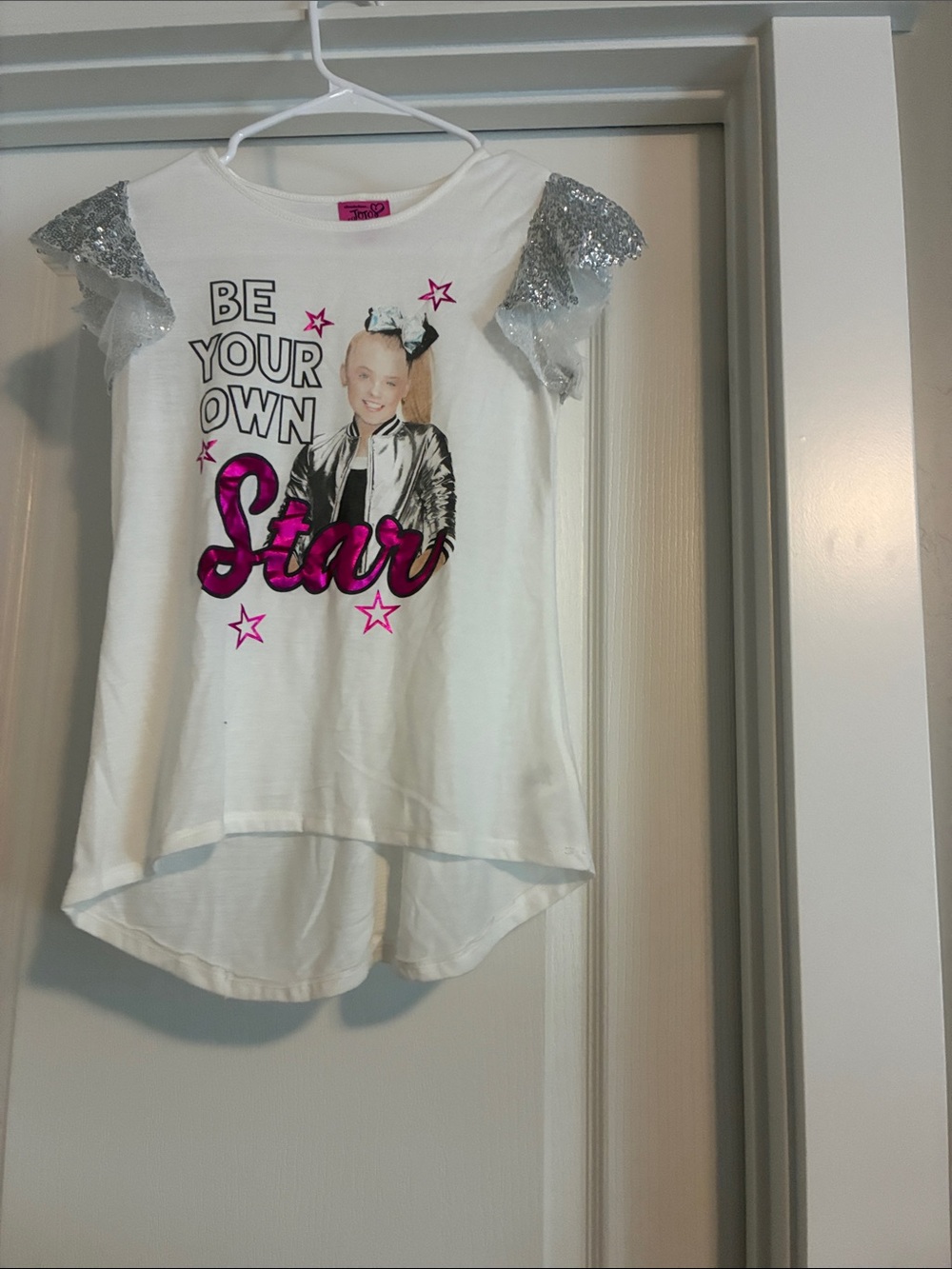 Girls' White 'Be Your Own Star' Graphic Tee with Silver Sequin Sleeves